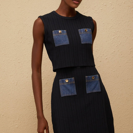 Cleopatra Blue Denim Panel Ribbed Knit Matching Set