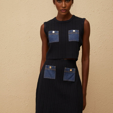 Cleopatra Blue Denim Panel Ribbed Knit Matching Set
