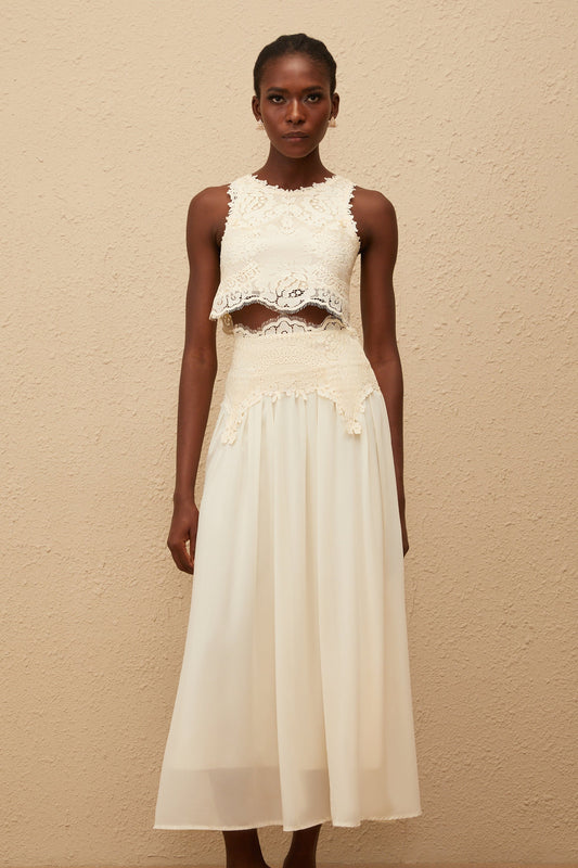 Clothilde White Floral Lace Top  Skirt Set