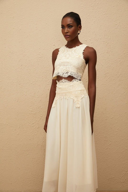 Clothilde White Floral Lace Top and Skirt Set in American English