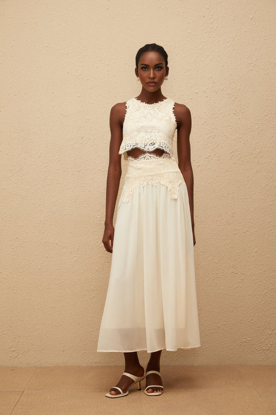 Clothilde White Floral Lace Top & Skirt Set