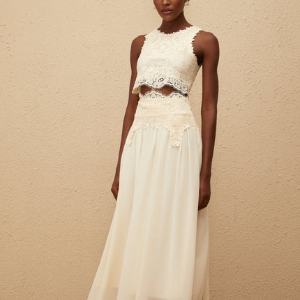 Clothilde White Floral Lace Top & Skirt Set in White Terylene Fiber