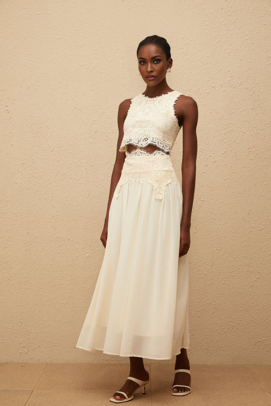Clothilde White Floral Lace Top & Skirt Set in White Terylene Fiber