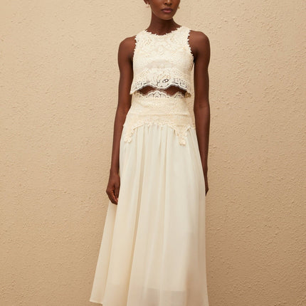 Clothilde White Floral Lace Top & Skirt Set in White Terylene Fiber