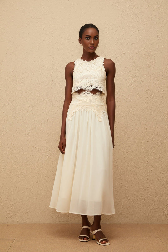 Clothilde White Floral Lace Top & Skirt Set in White Terylene Fiber