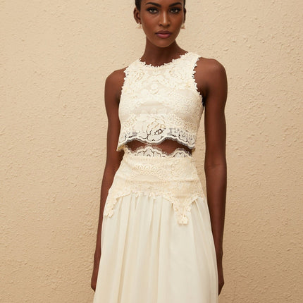 Clothilde White Floral Lace Top Skirt Set Terylene Fiber Elegant Sophisticated Chiffon Ankle Length Women's Fashion
