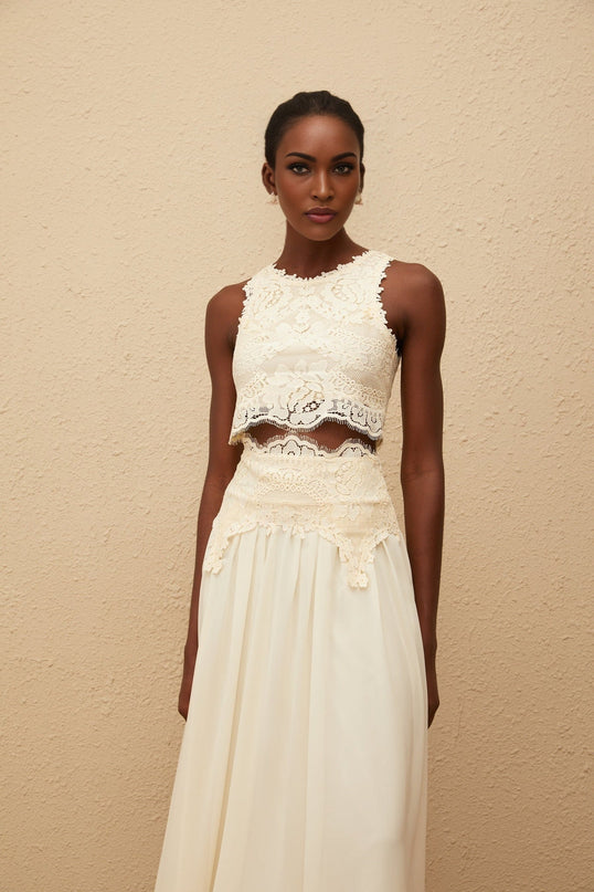 Clothilde White Floral Lace Top Skirt Set Terylene Fiber Elegant Sophisticated Chiffon Ankle Length Women's Fashion
