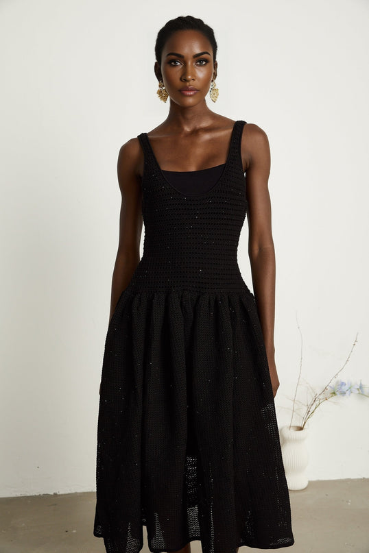 Clotilde black crochetknit midi dress