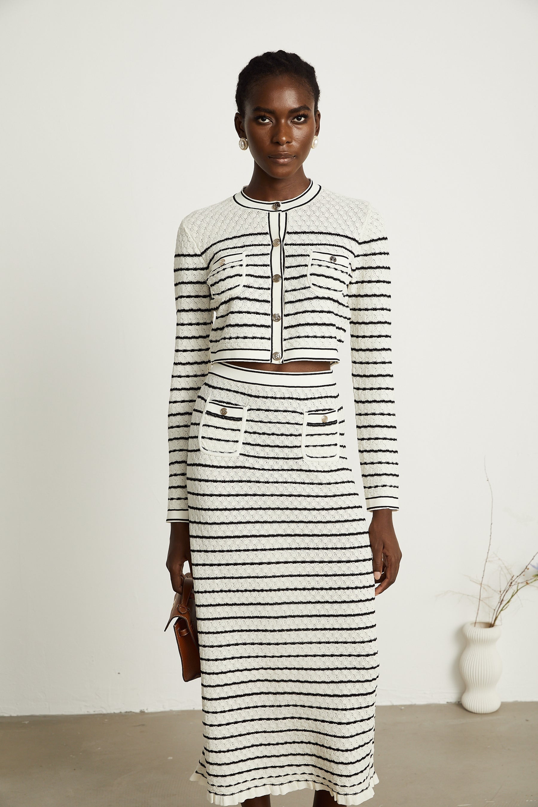 Colette pointelleknit cardigan  skirt matching set