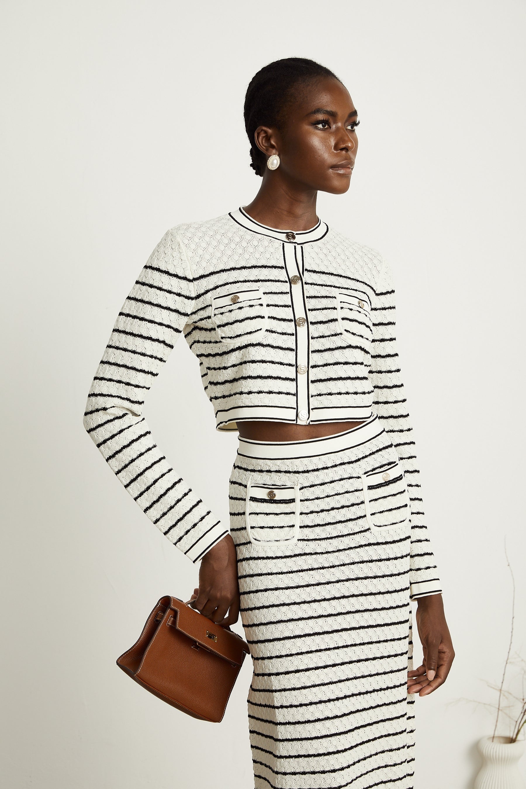 Colette pointelleknit cardigan  skirt matching set