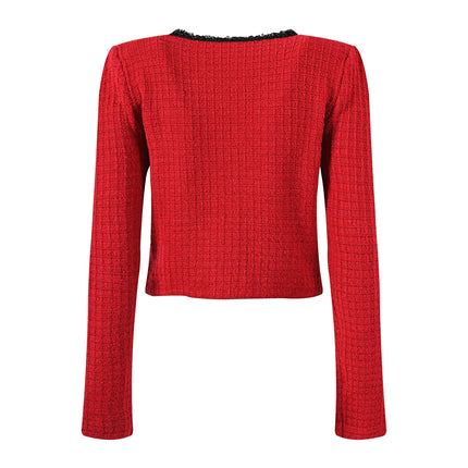 Colette Red Knit Wool Jacket and Skirt Set with Black Accents and Bows