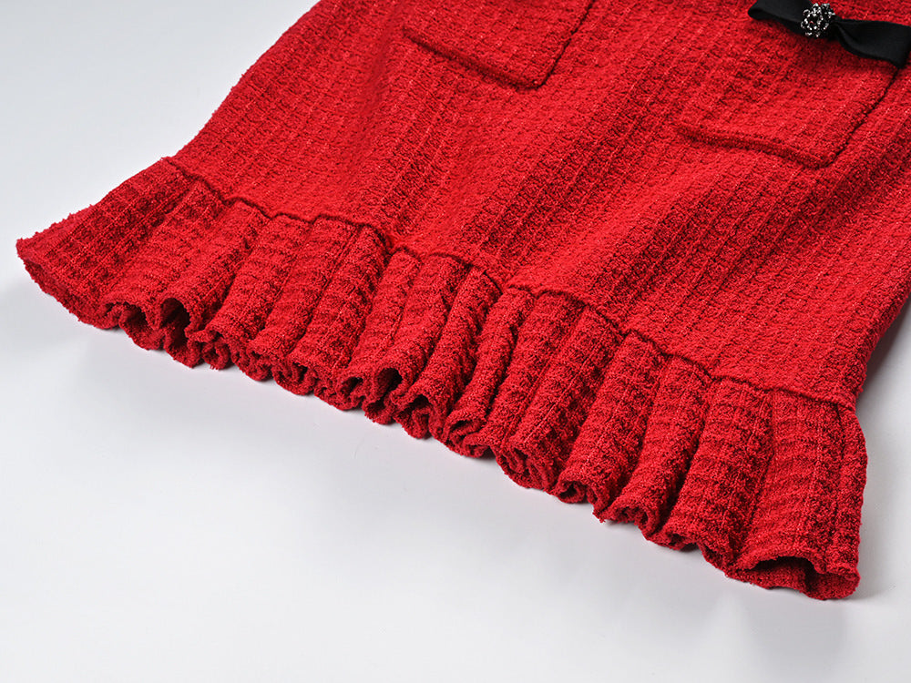 Colette Red Wool Jacket and Skirt Set with Black Accents and Bows