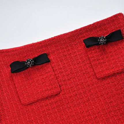 Colette Red Wool Jacket Skirt Set Black Accents Bows Tailored Flared Hem Chic Silhouette