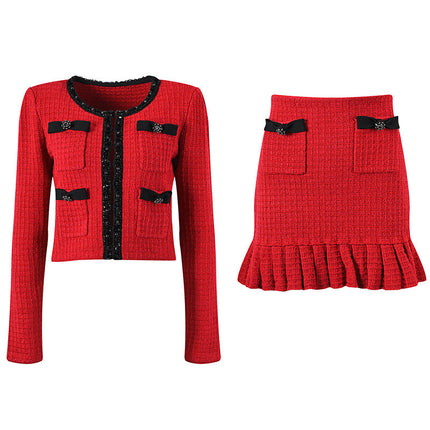 Colette Red Wool Knit Jacket and Skirt Set with Black Accents and Bows