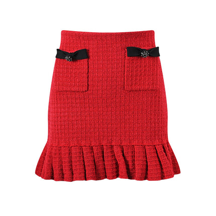 Colette Red Wool Spandex Jacket Skirt Set with Black Accents and Bows