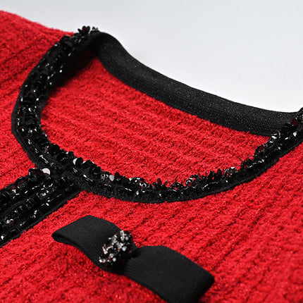 Colette red wool spandex jacket skirt set with black accents and bows