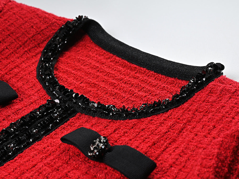 Colette red wool spandex jacket skirt set with black accents and bows