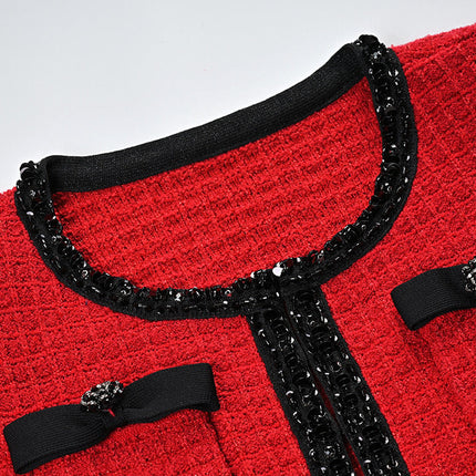 Colette Red Wool Spandex Jacket Skirt Set with Black Accents and Bows