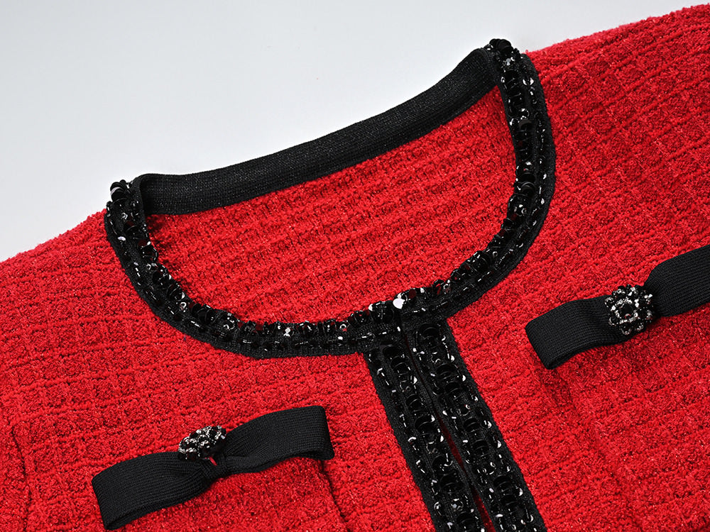 Colette Red Wool Spandex Jacket Skirt Set with Black Accents and Bows