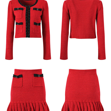 Colette Red Wool Spandex Jacket Skirt Set with Black Accents and Bows