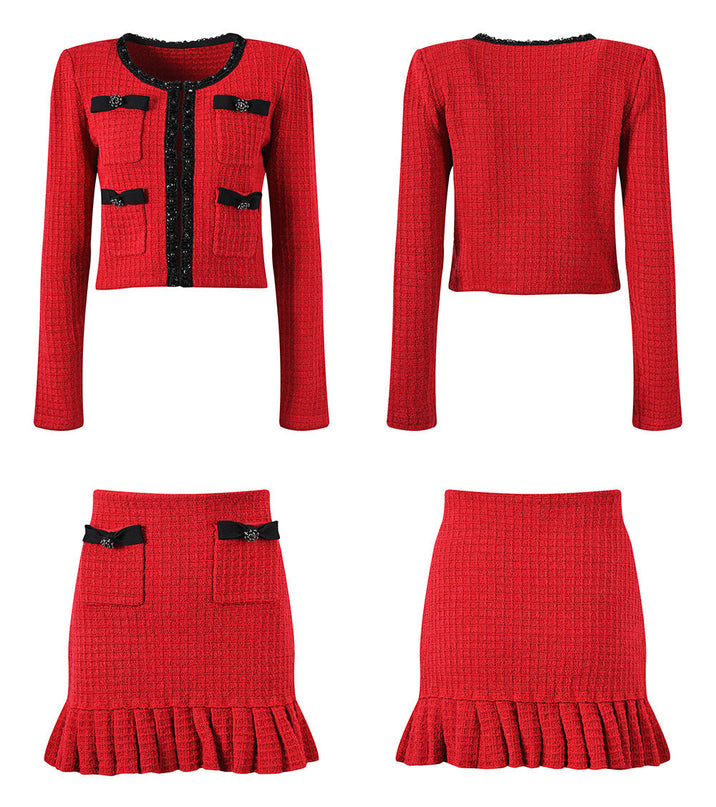 Colette Red Wool Spandex Jacket Skirt Set with Black Accents and Bows