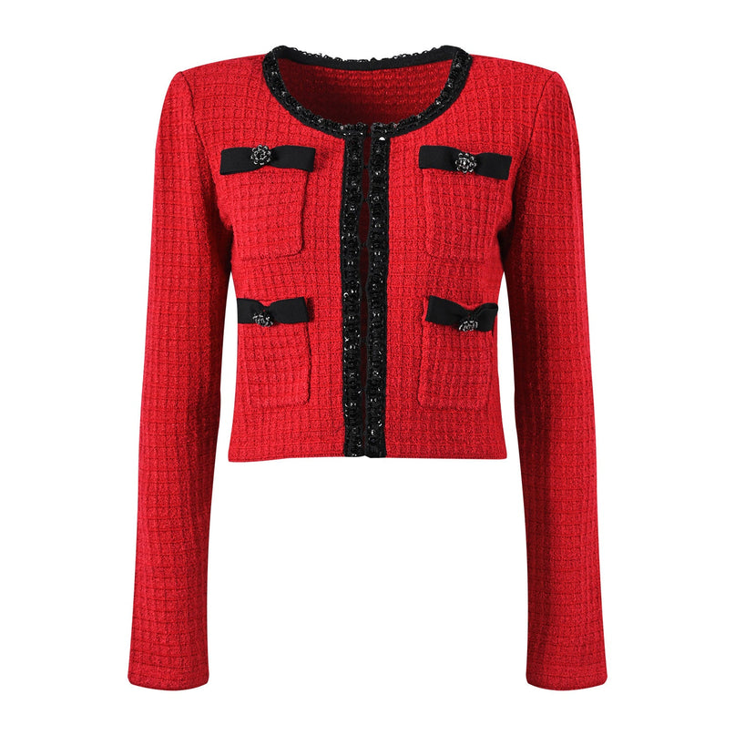 Colette Red Wool Spandex Jacket Skirt Set with Black Accents and Bows