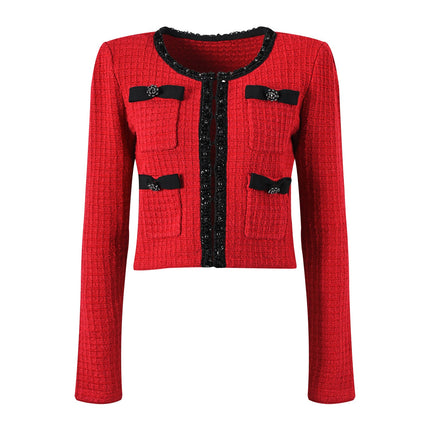 Colette Red Wool Spandex Jacket Skirt Set with Black Accents and Bows