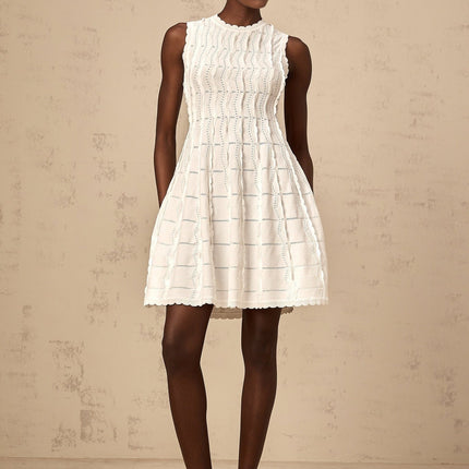 Colette White Knitted Mini Dress with Ruffled Detailing and Scalloped Hem