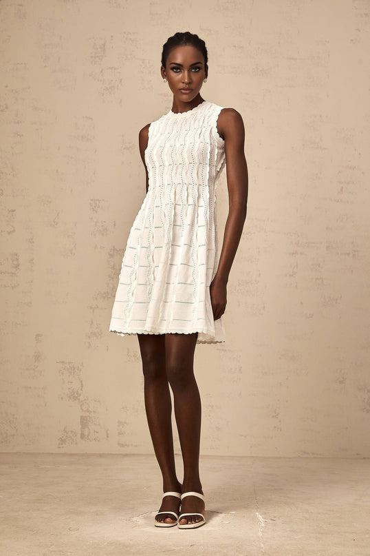 Colette White Knitted Mini Dress with Ruffled Detailing