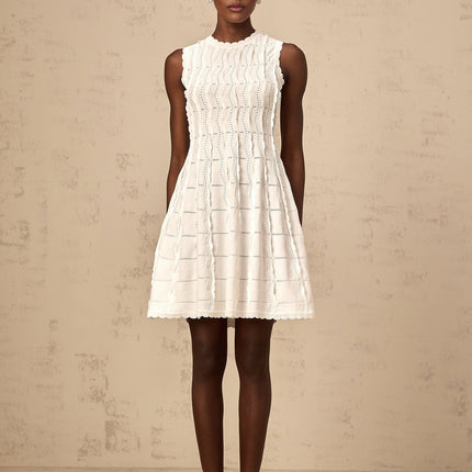 Colette White Knitted Mini Dress with Ruffled Detailing and Flared Skirt