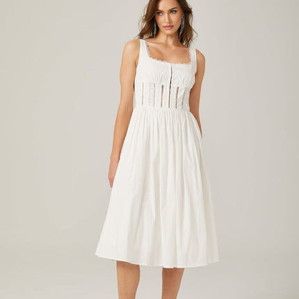 Colette White Lace Midi Dress with Cut-Out Detailing and Low-Square Neck