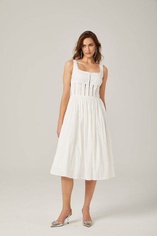 Colette White Lace Midi Dress with Cut-Out Detailing and Low-Square Neck