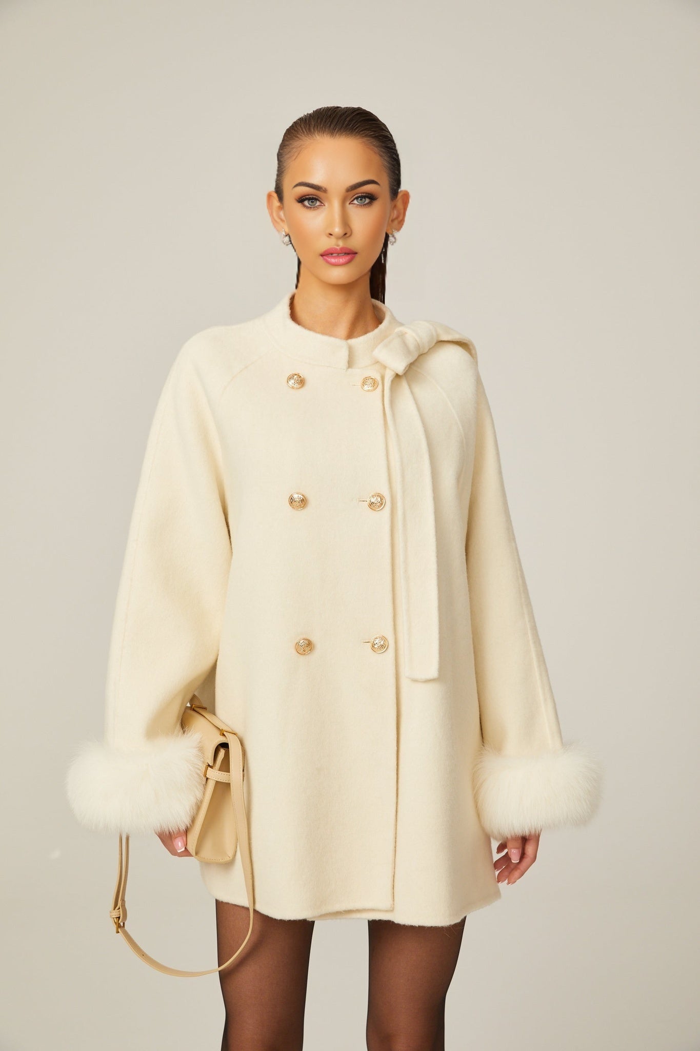 Colette white wool fur bowknot coat