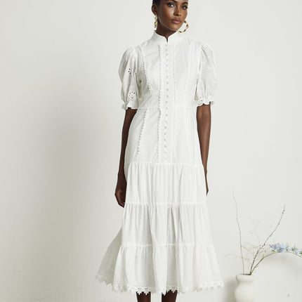 Coline White Embroidered Midi Dress with Floral Embroidery and Lace Trim