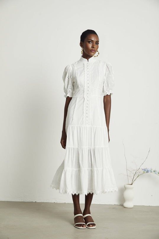 Coline White Embroidered Midi Dress with Floral Embroidery and Lace Trim