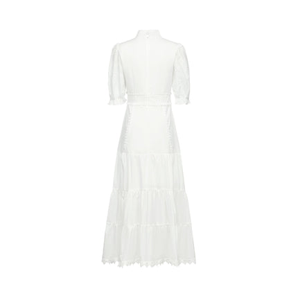 Coline White Embroidered Midi Dress with Floral Embroidery and Lace Trim