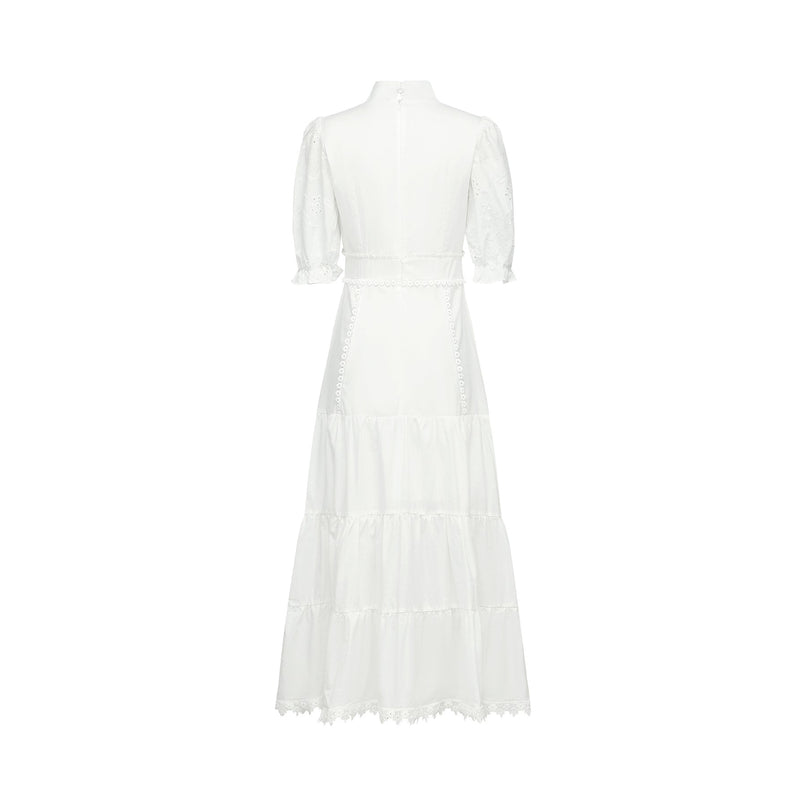 Coline White Embroidered Midi Dress with Floral Embroidery and Lace Trim