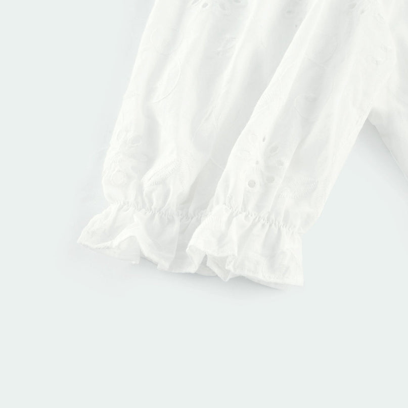 Coline White Embroidered Midi Dress with Floral Embroidery and Lace Trim