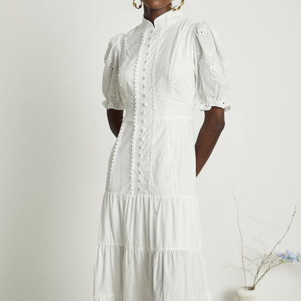 Coline White Embroidered Midi Dress with Floral Embroidery and Lace Trim