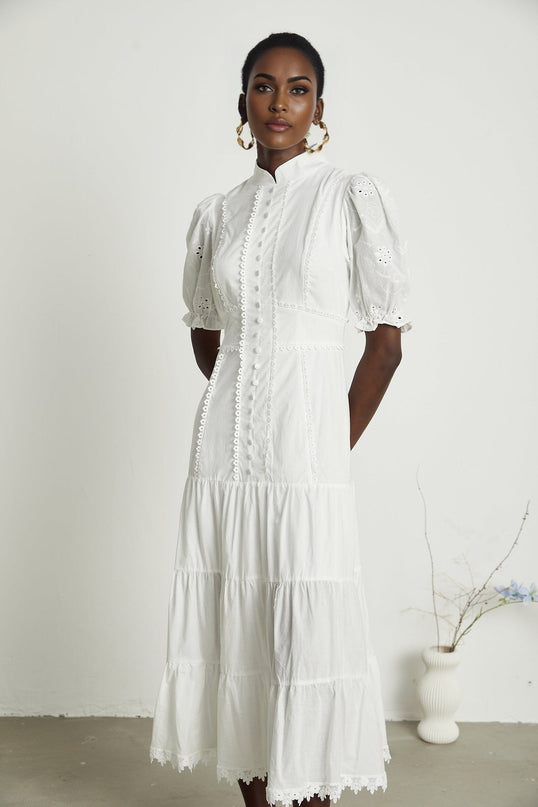 Coline White Embroidered Midi Dress with Floral Embroidery and Lace Trim