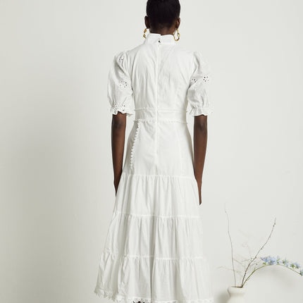 Coline White Embroidered Midi Dress with Floral Embroidery and Lace Trim