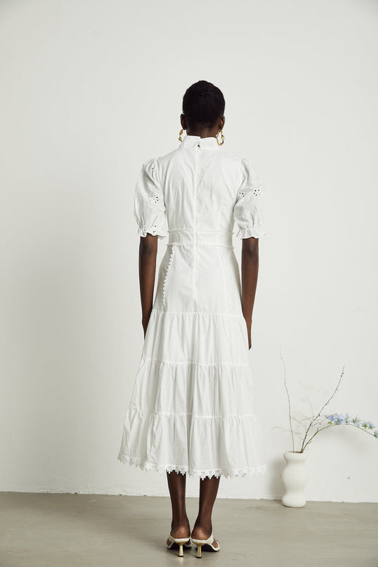 Coline White Embroidered Midi Dress with Floral Embroidery and Lace Trim