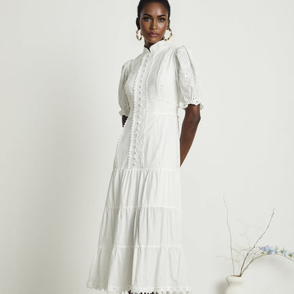 Coline White Embroidered Midi Dress with Floral Embroidery Lace Trim and Puffed Sleeves