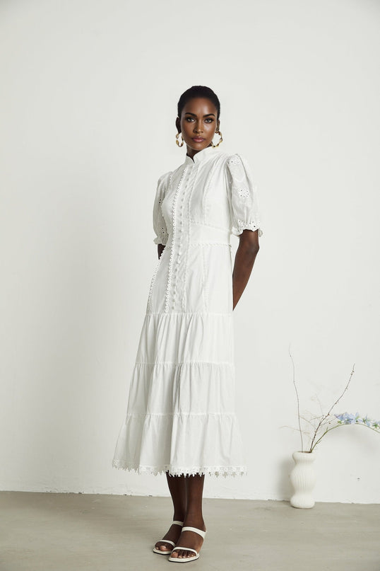 Coline White Embroidered Midi Dress with Floral Embroidery Lace Trim and Puffed Sleeves