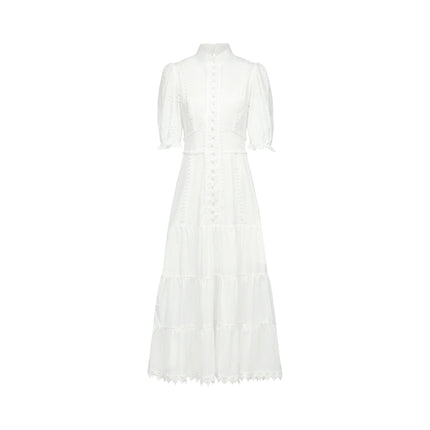 Coline White Embroidered Midi Dress with Floral Embroidery and Lace Trim
