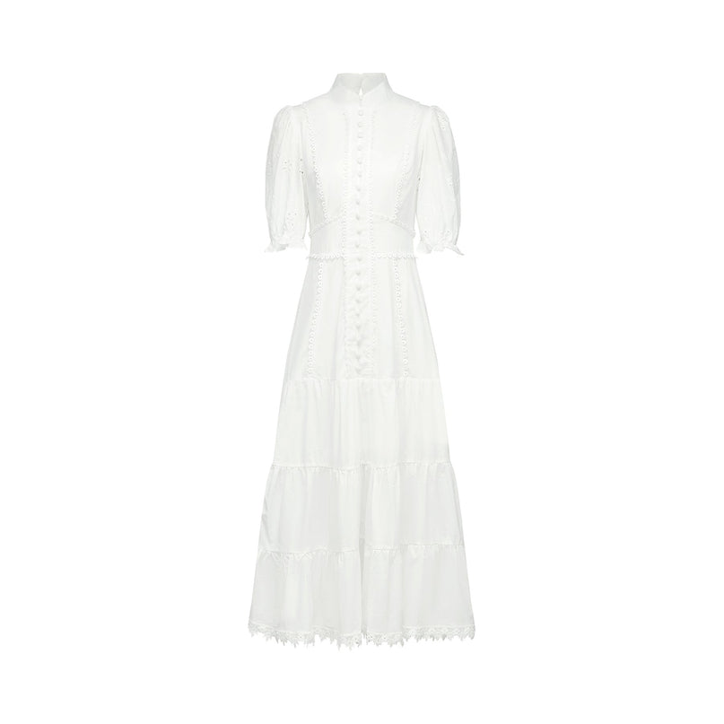 Coline White Embroidered Midi Dress with Floral Embroidery and Lace Trim