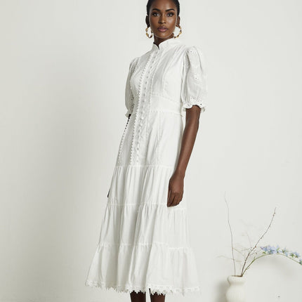Coline White Embroidered Midi Dress