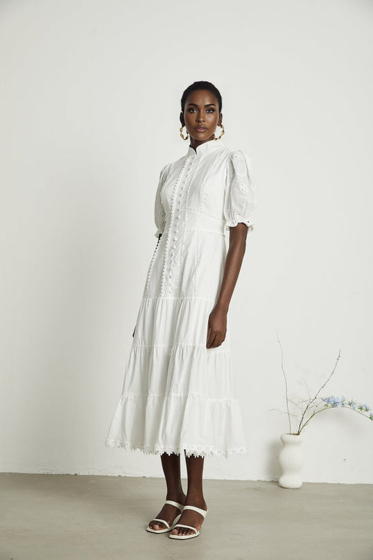 Coline White Embroidered Midi Dress