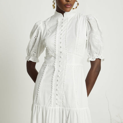 Coline White Embroidered Midi Dress with Floral Embroidery and Lace Trim