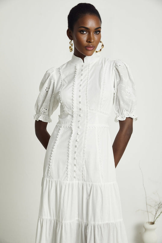 Coline White Embroidered Midi Dress with Floral Embroidery and Lace Trim